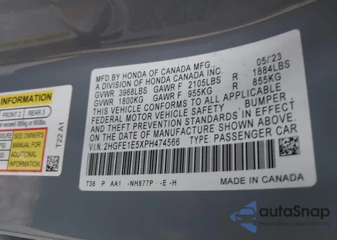 2023 Honda Civic Si Sedan z USA, uszkodzony, nr VIN 2HGFE1E5XPH474566